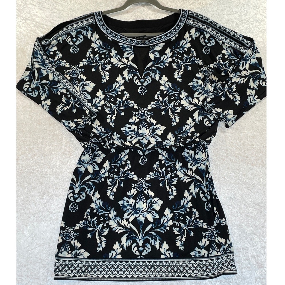 White House Black Market Tunic Top Womens M Black Blue Damask Cold Shoulder Good